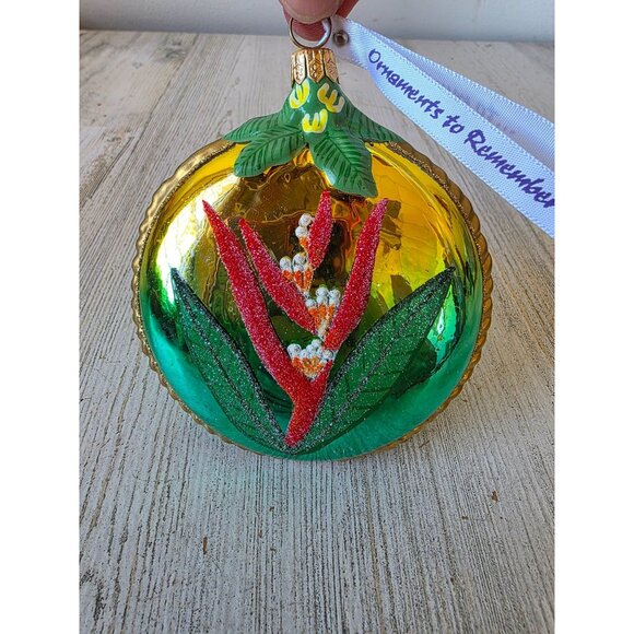 Bird of paradise flower glass ornament remember Poland glitter gold Xmas tree - Picture 1 of 9
